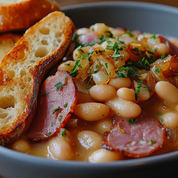 Cassoulet traditionnel aux haricots blancs et saucisses végétales