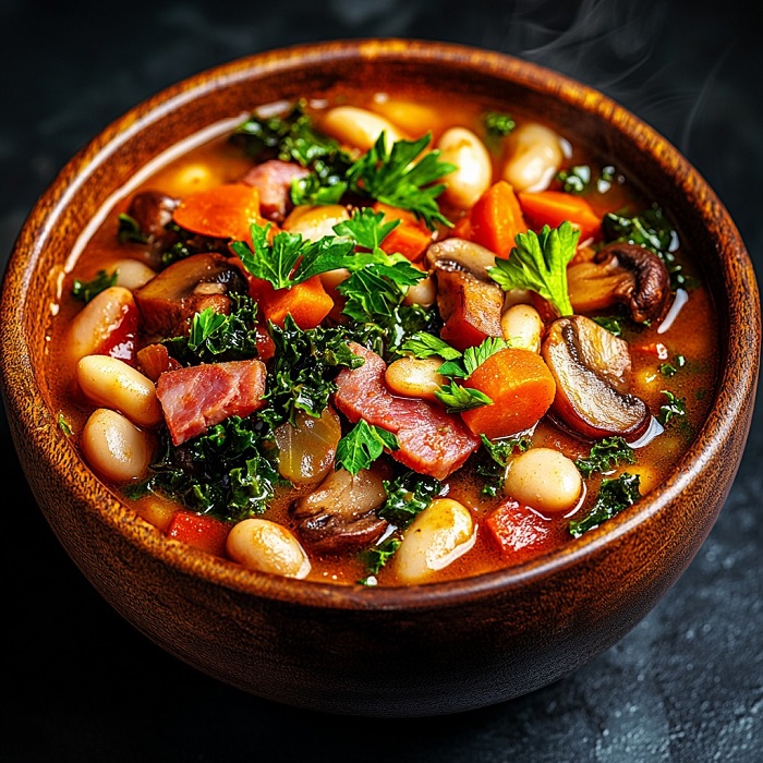 Ragoût rustique aux haricots blancs, champignons et jambon fumé
