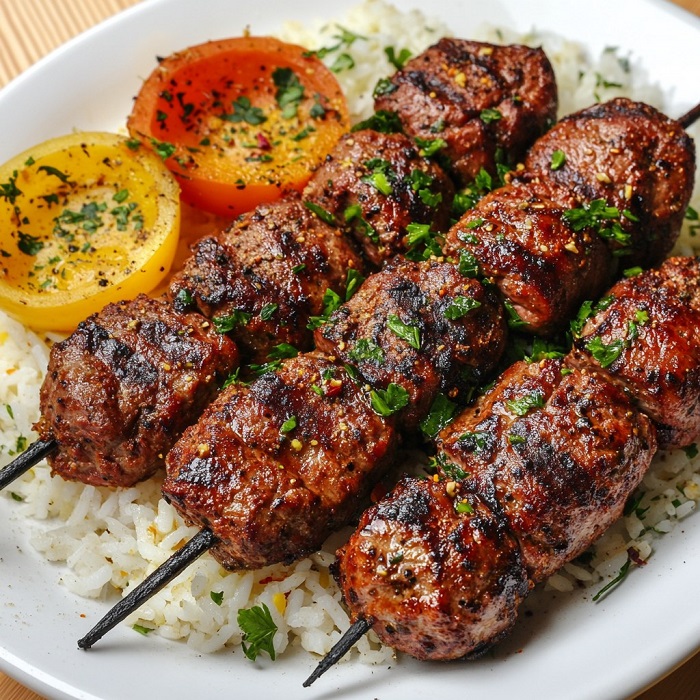 Kebab de veau aux épices grillé sur riz parfumé