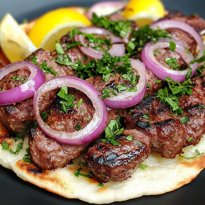 Kebab d’agneau grillé aux herbes fraîches et oignons rouges