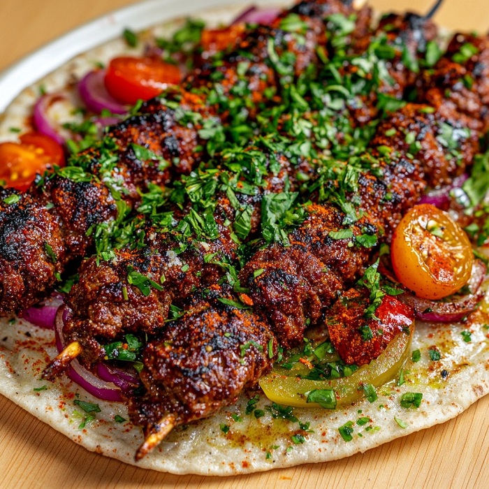Kebab Adana traditionnel aux herbes sur pain plat