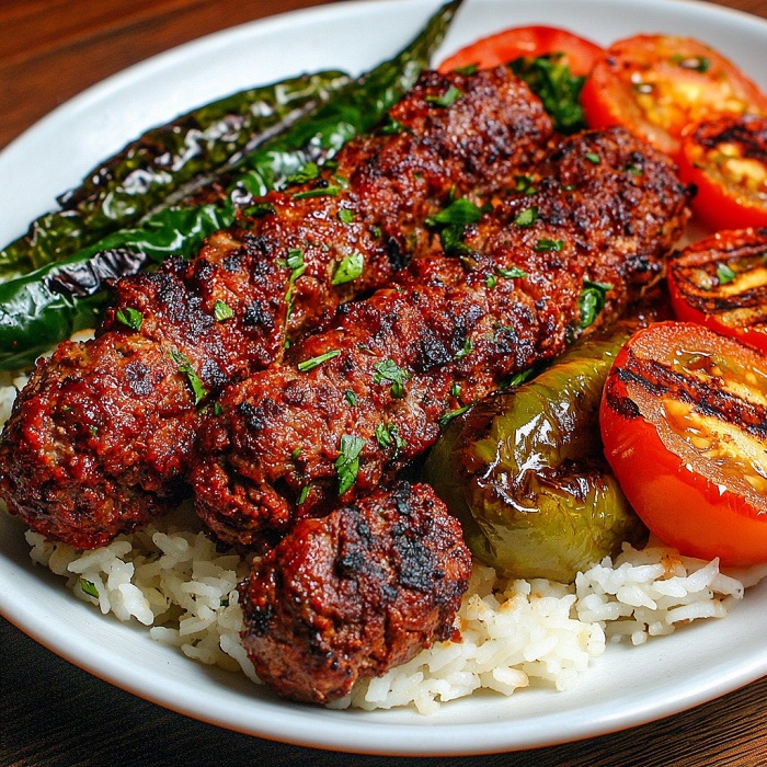 Kebab épicé façon Adana sur riz et légumes grillés