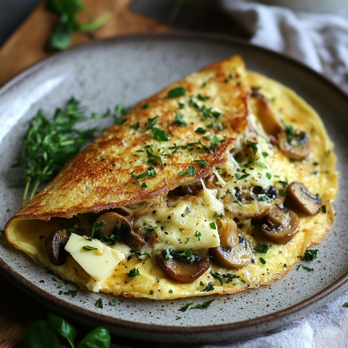 Omelette aux champignons, fromage et fines herbes