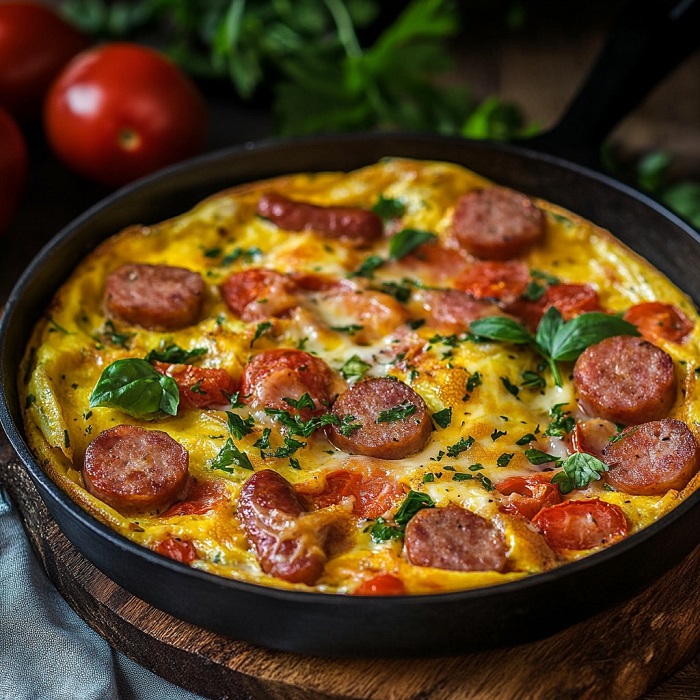 Omelette garnie à la saucisse, tomates et fromage