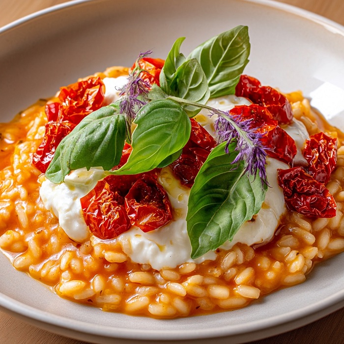 Risotto crémeux à la burrata, tomates confites et basilic frais