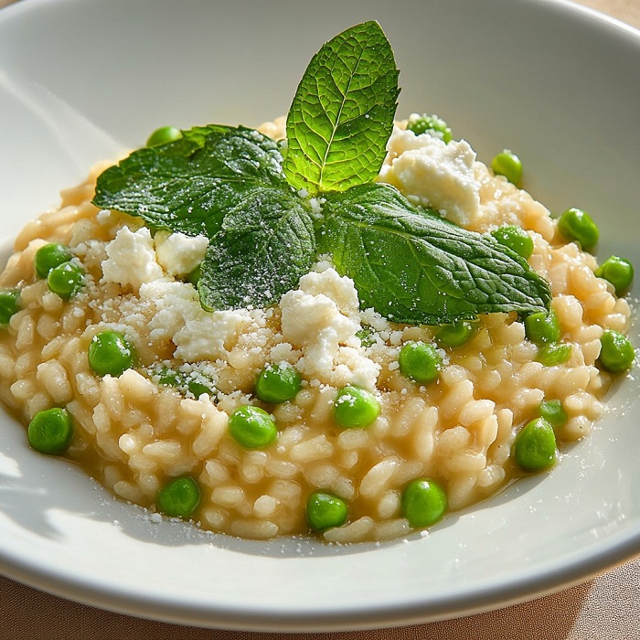 Risotto aux petits pois, ricotta et menthe fraîche