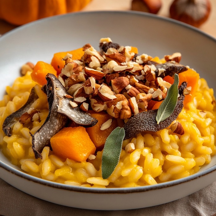 Risotto crémeux au potimarron, champignons et éclats de noisettes