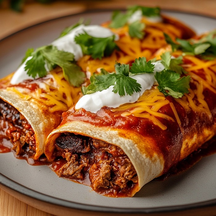 Enchiladas au bœuf effiloché et sauce rouge gratinée