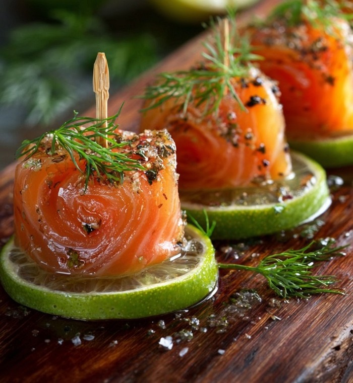 Rosaces de saumon sur rondelles de citron vert & aneth
