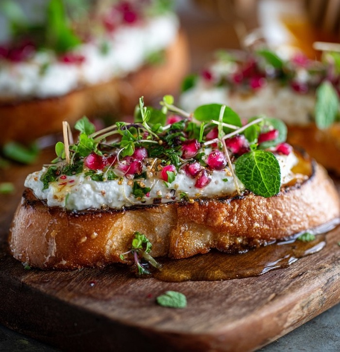 Crostini au chèvre fouetté, baies roses, menthe & miel