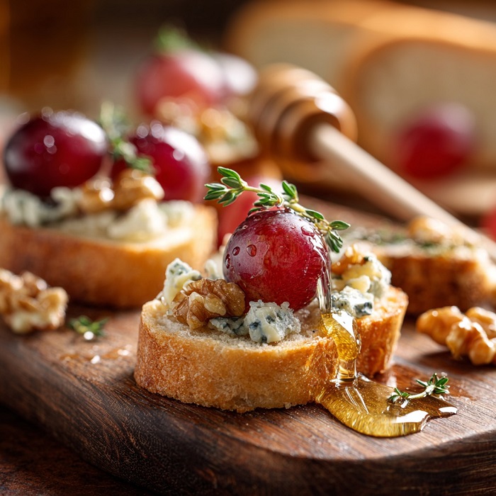 Crostini au bleu, noix, raisin rouge & miel