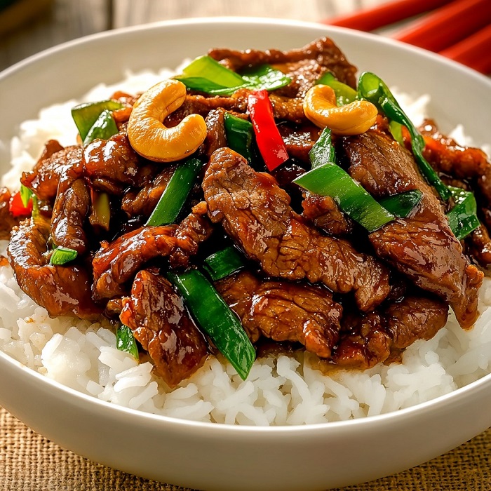 Bœuf sauté aux noix de cajou et sauce sucrée-salée