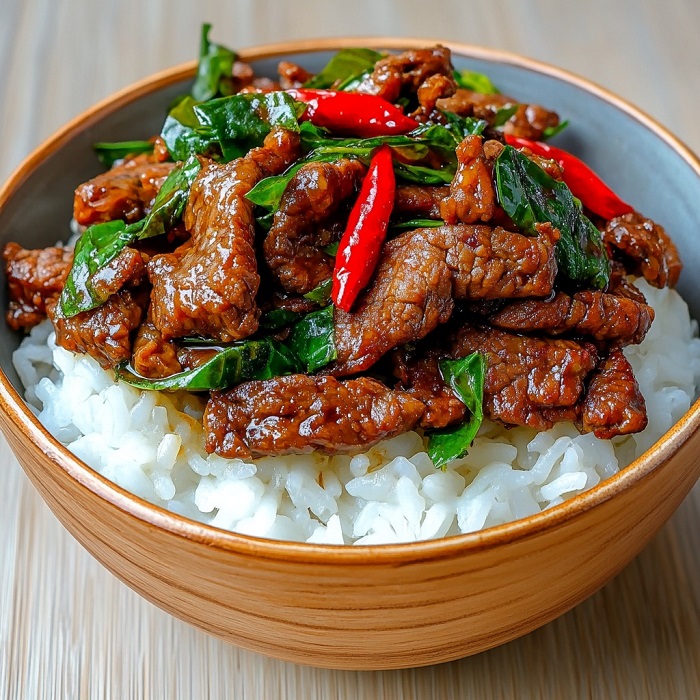 Bœuf sauté au basilic thaï et piment rouge