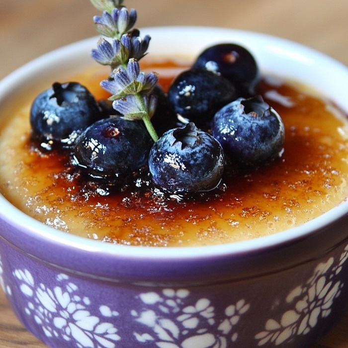 Crème brûlée à la lavande et myrtilles