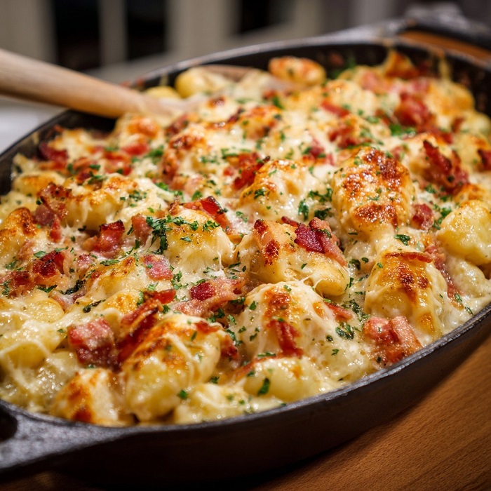 Gnocchis gratinés au bacon et au fromage