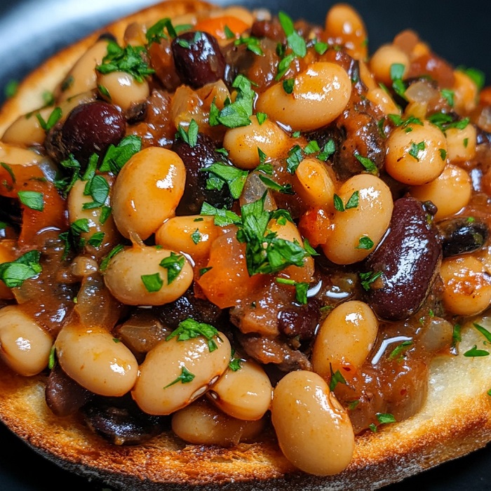Toasts aux haricots mijotés à la tomate et aux herbes