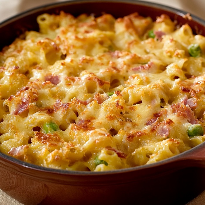 Gratin de pâtes au Kiri et petits pois