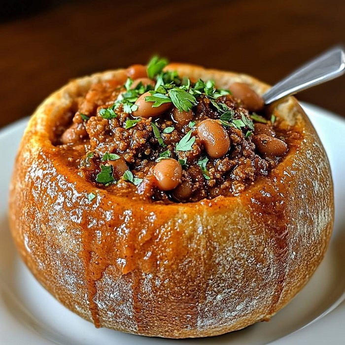 Pain farci au chili maison dans boule rustique