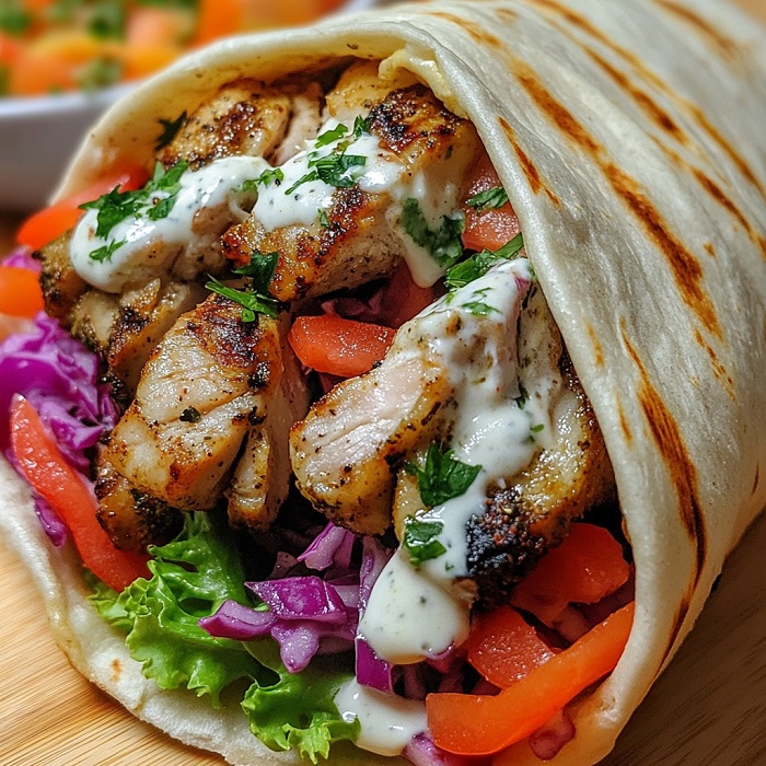 Shawarma de poulet grillé au chou rouge et sauce blanche