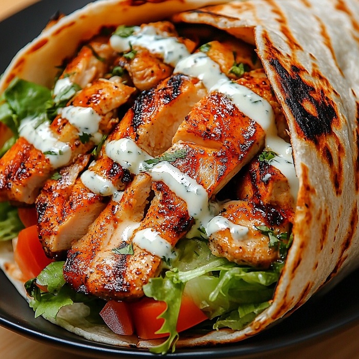 Shawarma de poulet grillé au poivron rouge et sauce aux herbes
