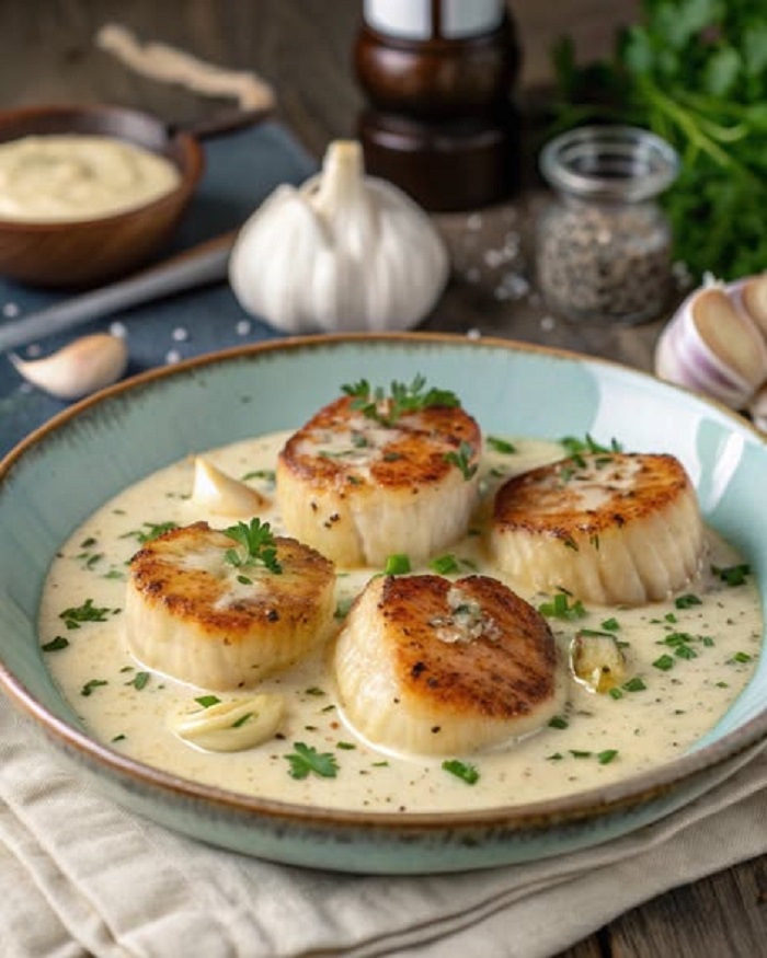 Saint-Jacques poêlées à la crème d’ail doux