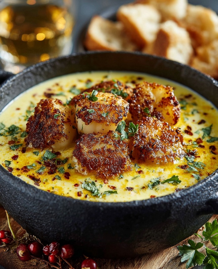 Saint-Jacques, Fondue de Poireaux et Sauce au Safran