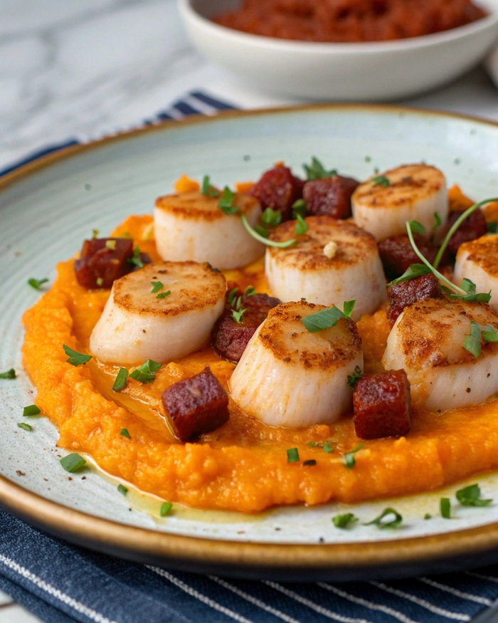Saint-Jacques au chorizo doux & purée de patate douce