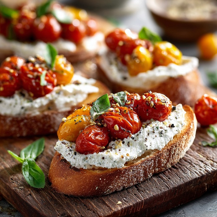 Crostini ricotta fouettée & tomates cerises rôties, basilic frais