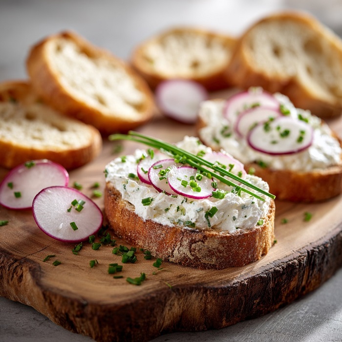 Crostini fromage frais aux herbes, radis & ciboulette