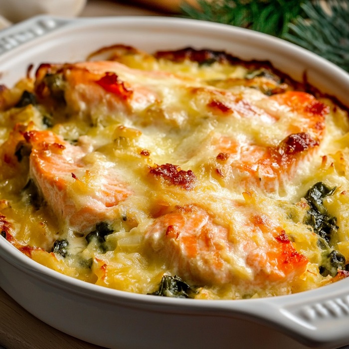 Gratin de saumon, épinards et poireaux à la béchamel