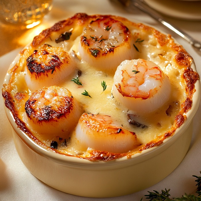 Cassolettes de Saint-Jacques et crevettes gratinées