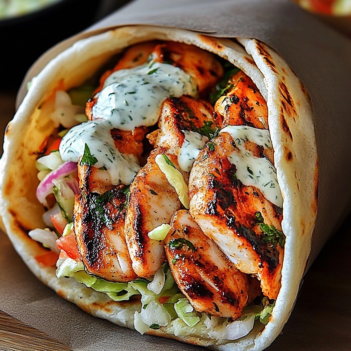 Shawarma de poisson blanc grillé aux crudités