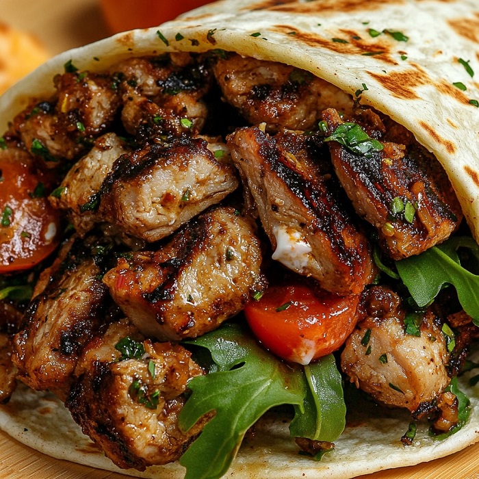 Shawarma d’agneau grillé à la roquette et tomates cerises