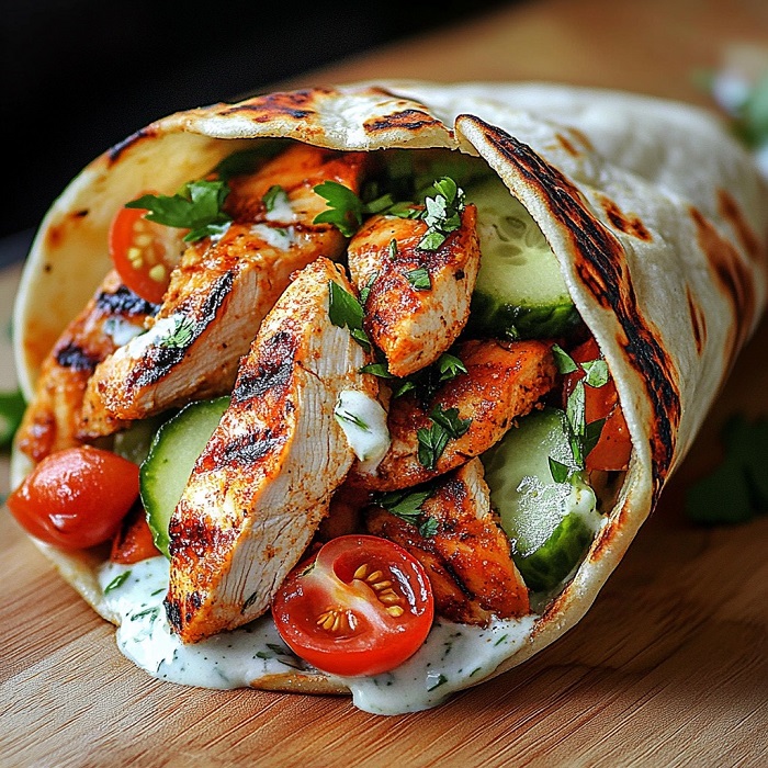 Shawarma de poulet grillé à la salade fraîche et sauce crémeuse