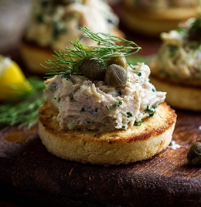 Mini-blinis au pâté de maquereau fumé, câpres & aneth