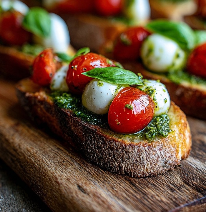 Mini-caprese sur baguette, pesto & perles de mozzarella