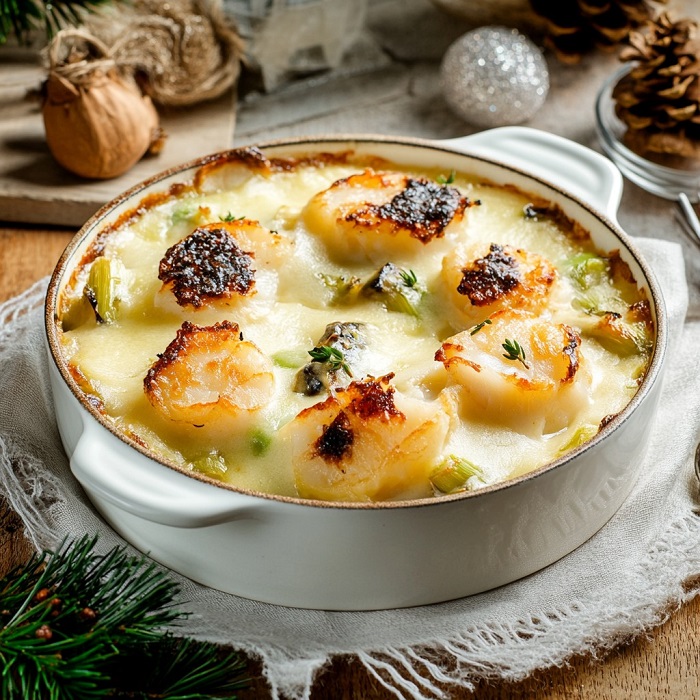 Cassolettes de Saint-Jacques aux poireaux et sauce crémeuse