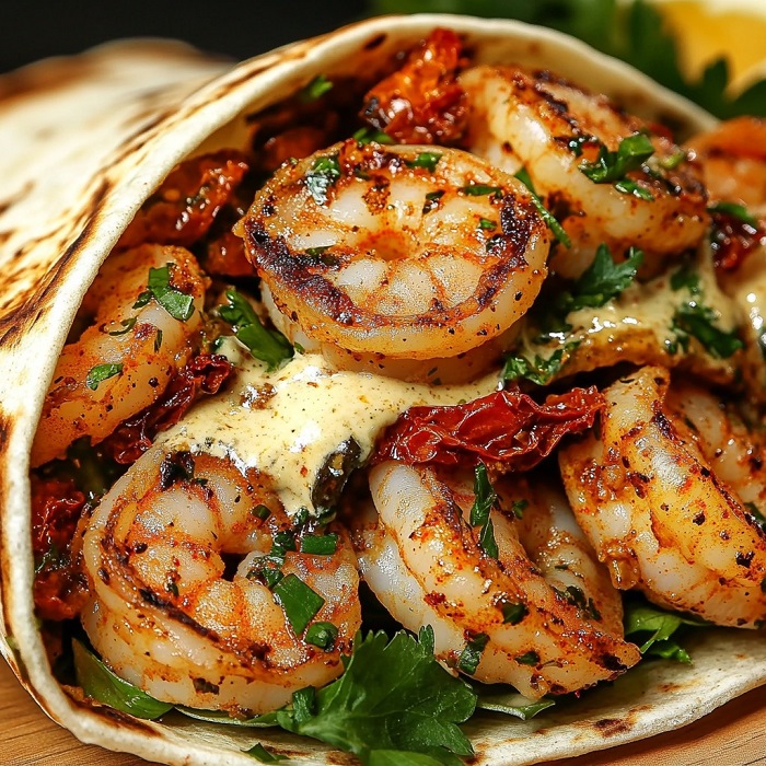 Shawarma de crevettes sautées au poivron jaune et sauce épicée