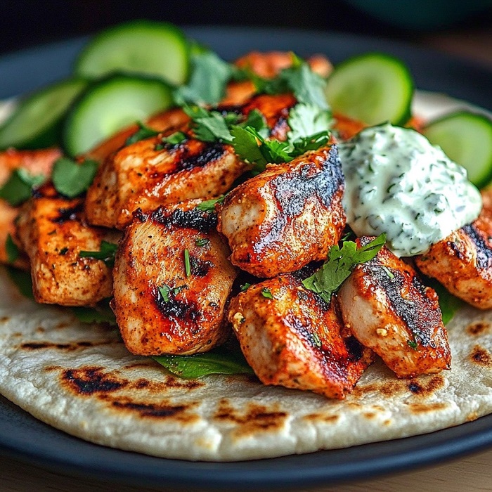 Shawarma de poulet grillé aux concombres et sauce yaourt aux herbes