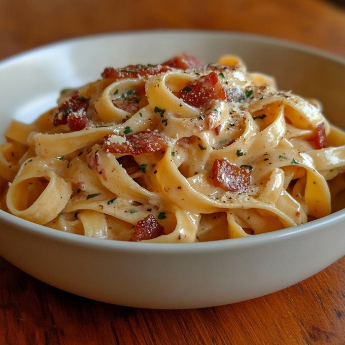 Tagliatelles crémeuses aux lardons et fromage fondant
