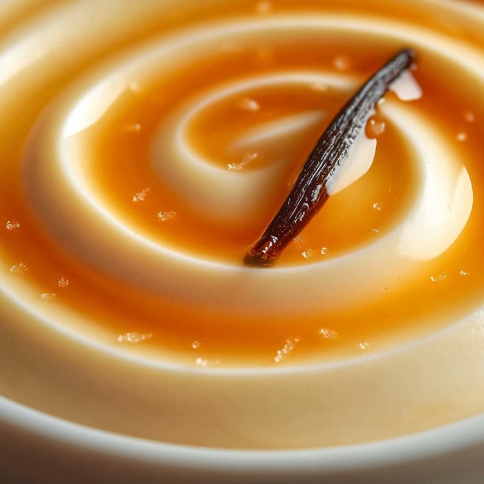 Crème dessert vanille, spirale de caramel & gousse
