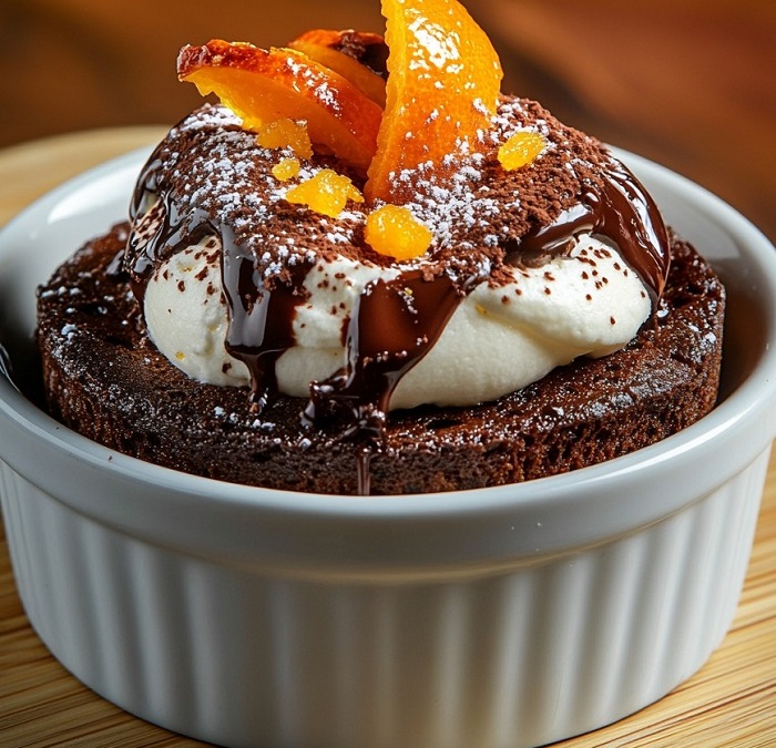 Soufflé fondant au chocolat noir & oranges confites