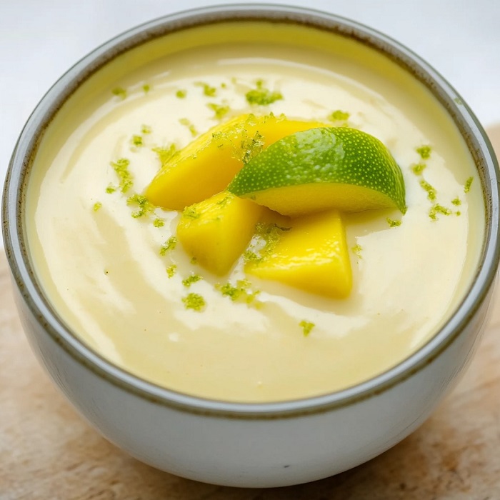 Crème coco–mangue au citron vert, dés de mangue & quartier de lime