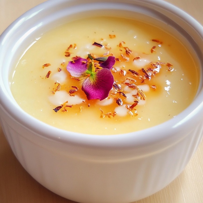 Crème safran–rose en ramequin, miel & coco grillé