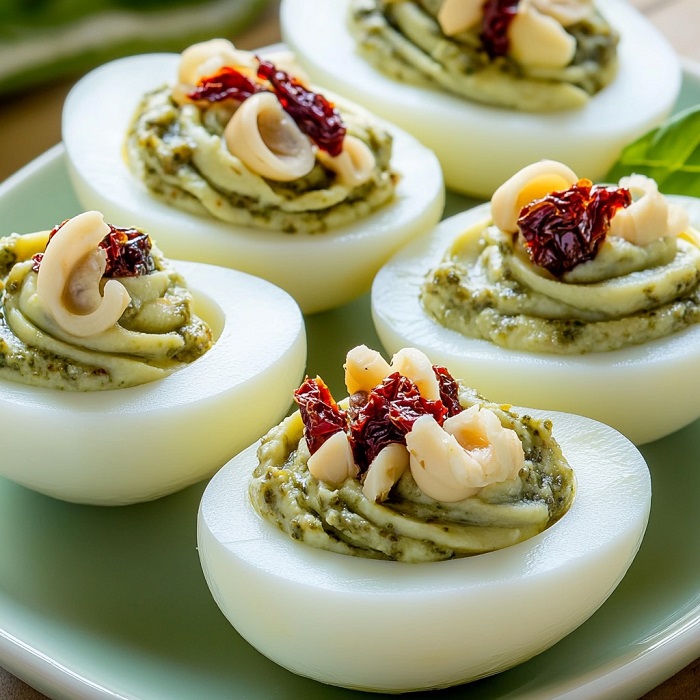 Œufs farcis au pesto, tomates séchées et pignons