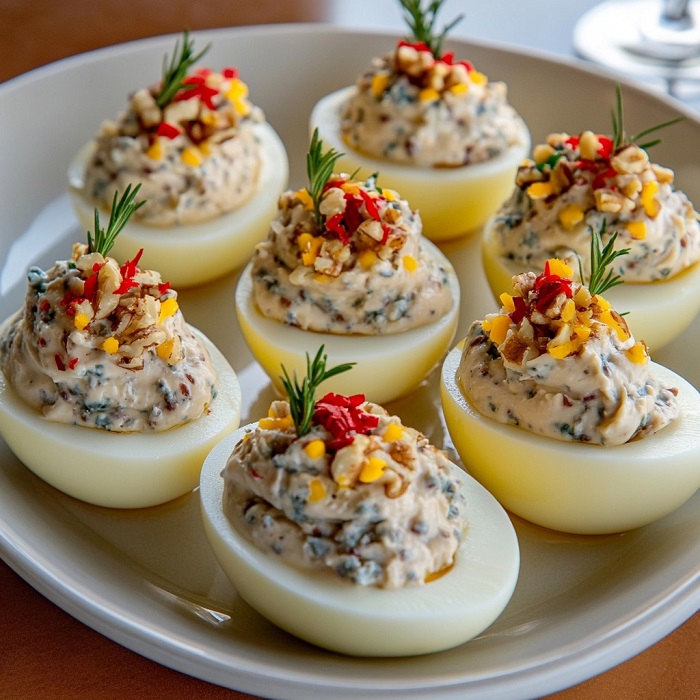 Œufs mimosa au fromage bleu et noix croquantes