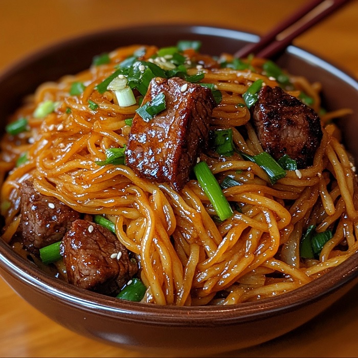 Wok de nouilles au bœuf caramélisé