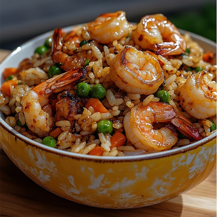 Wok de riz sauté aux crevettes & petits pois