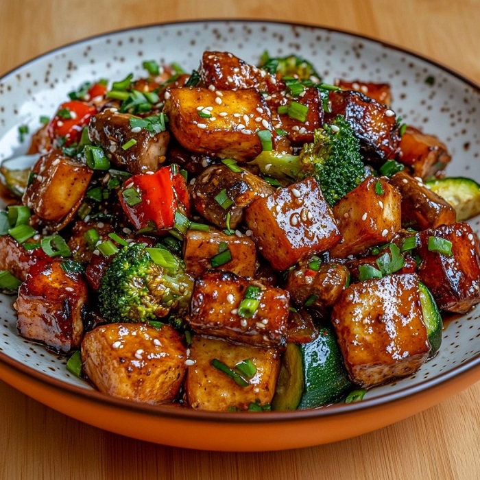 Wok de tofu caramélisé aux légumes