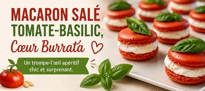 Macaron Salé Tomate-Basilic, Cœur Burrata